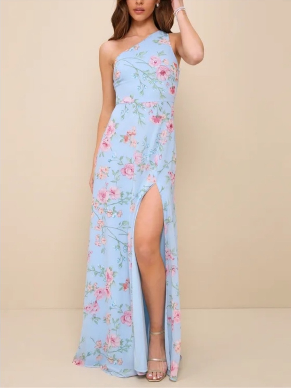 Lulus Elegant Admiration NWT Small Light Blue Floral One-Shoulder Maxi Dress